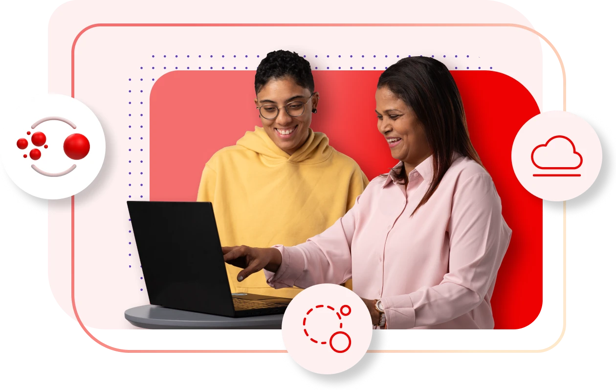 Two smiling people collaborate on a laptop, surrounded by cloud and technology icons